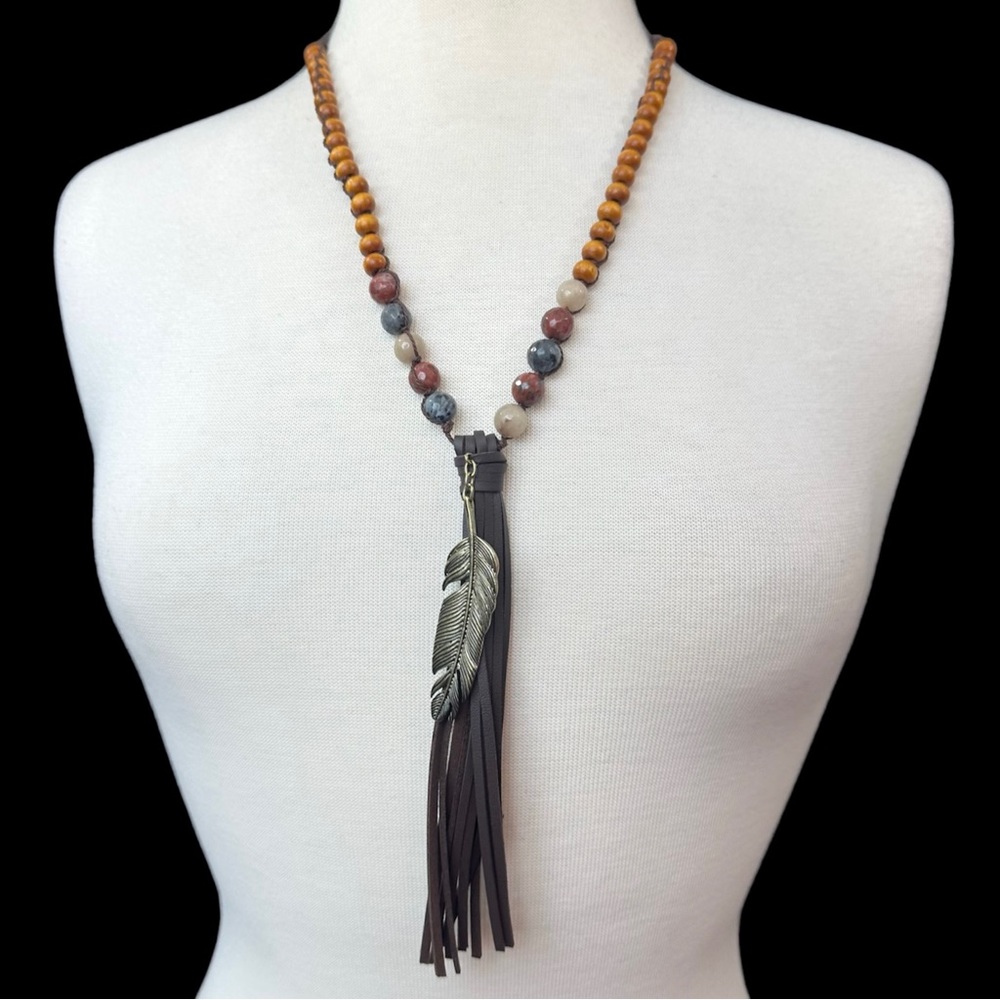 Long Genuine Stone Wood Beaded Feather Tassel Necklace
